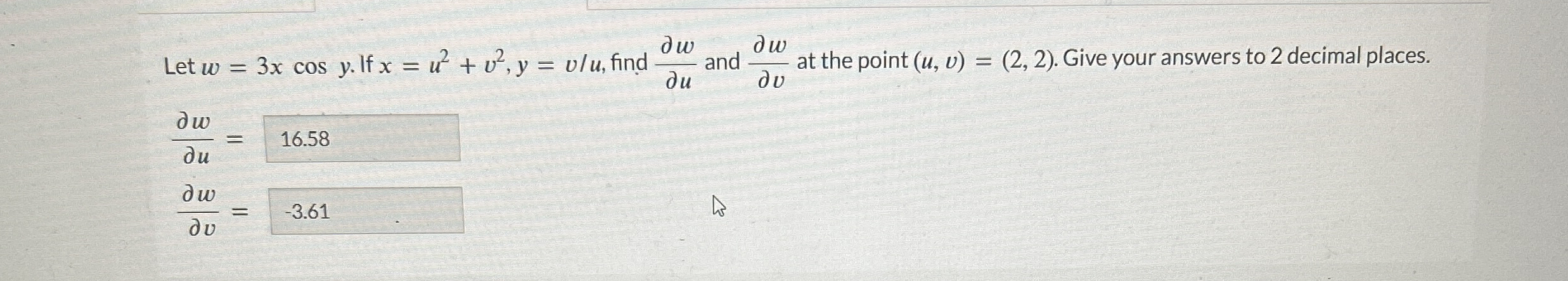 Let w = 3 x c o s y . If x = u 2 + v 2 , y = v u