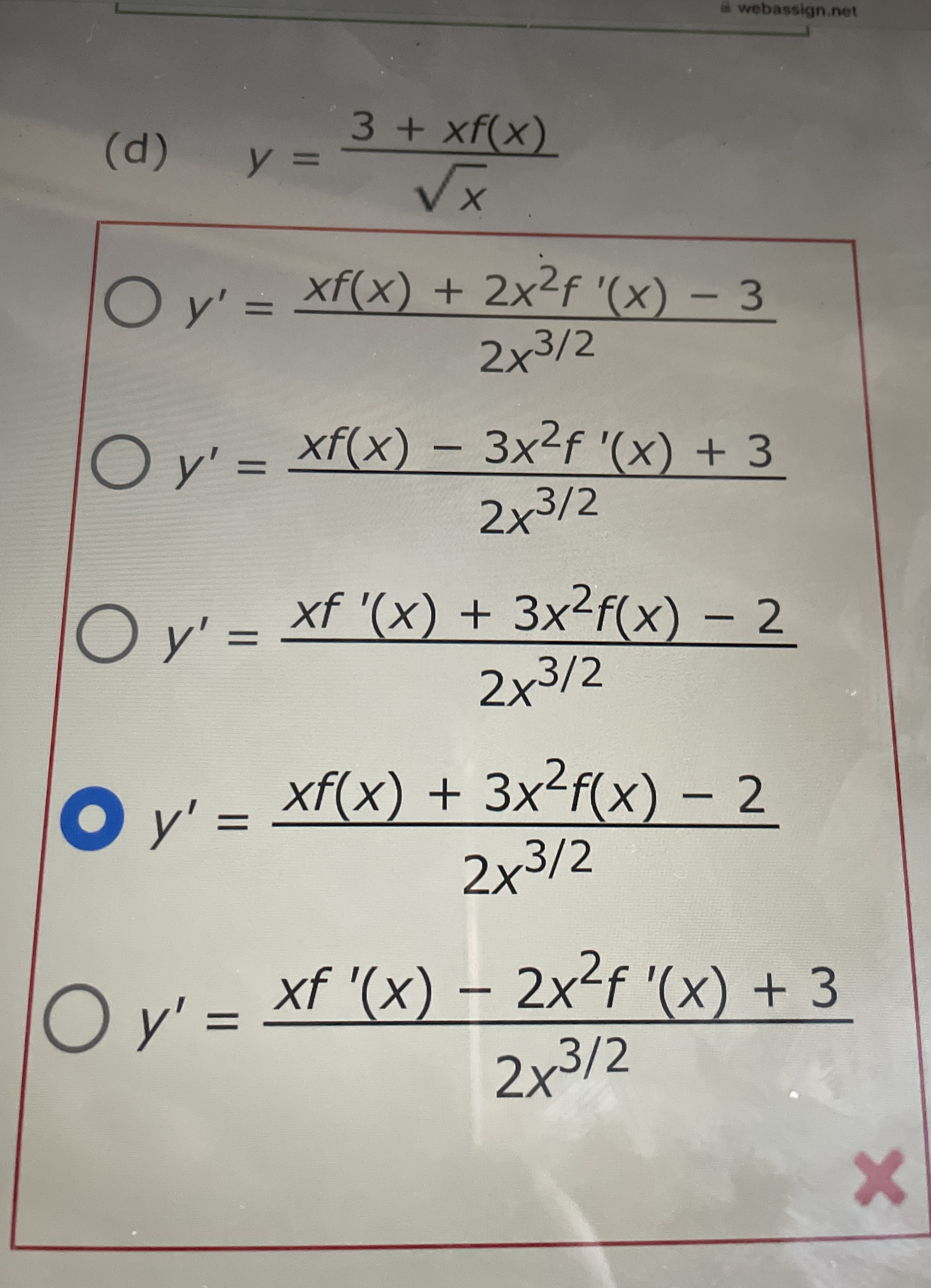 ( d ) y = 3 + x f ( x ) x 2 y ' = x f ( x ) + 2 x