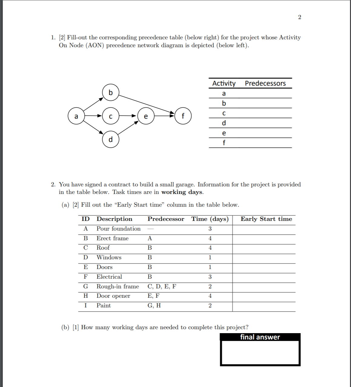 1. [2] Fillout the corresponding precedence table