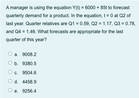 A manager is using the equation Y(t) = 6000 + 85t