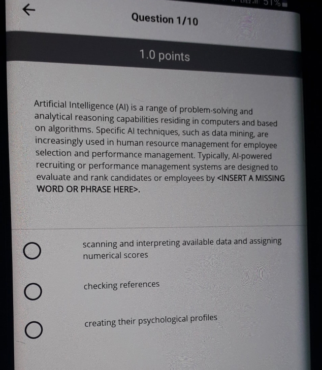 choice anwer 70 Question 1/10 1.0 points