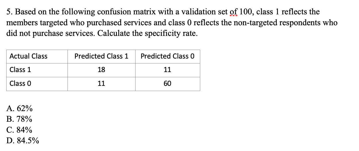 5. Based on the following confusion matrix with a