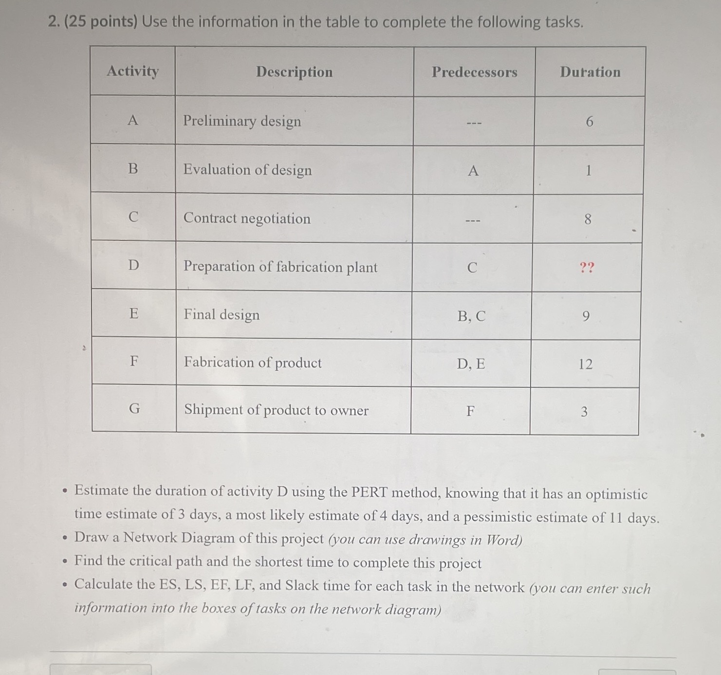 2. (25 points) Use the information in the table