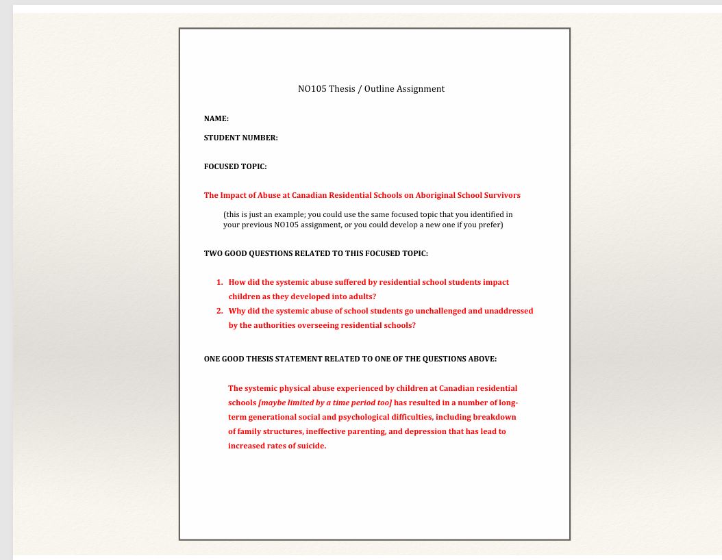 NO105 Thesis / Outline Assignment NAME: STUDENT