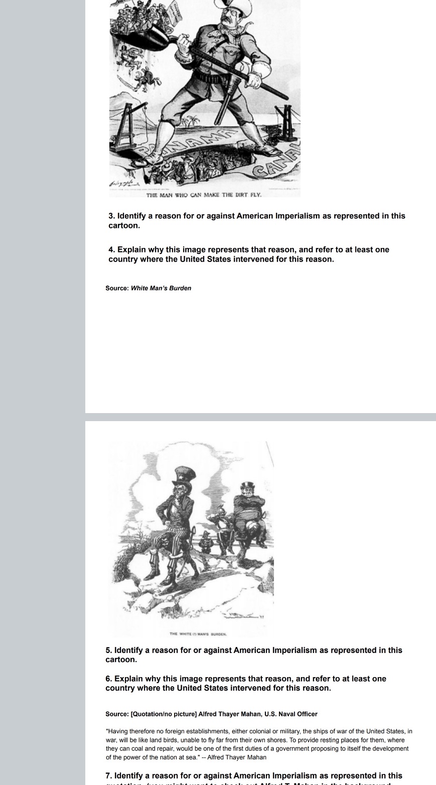 Here are five sources and TEN questions: American