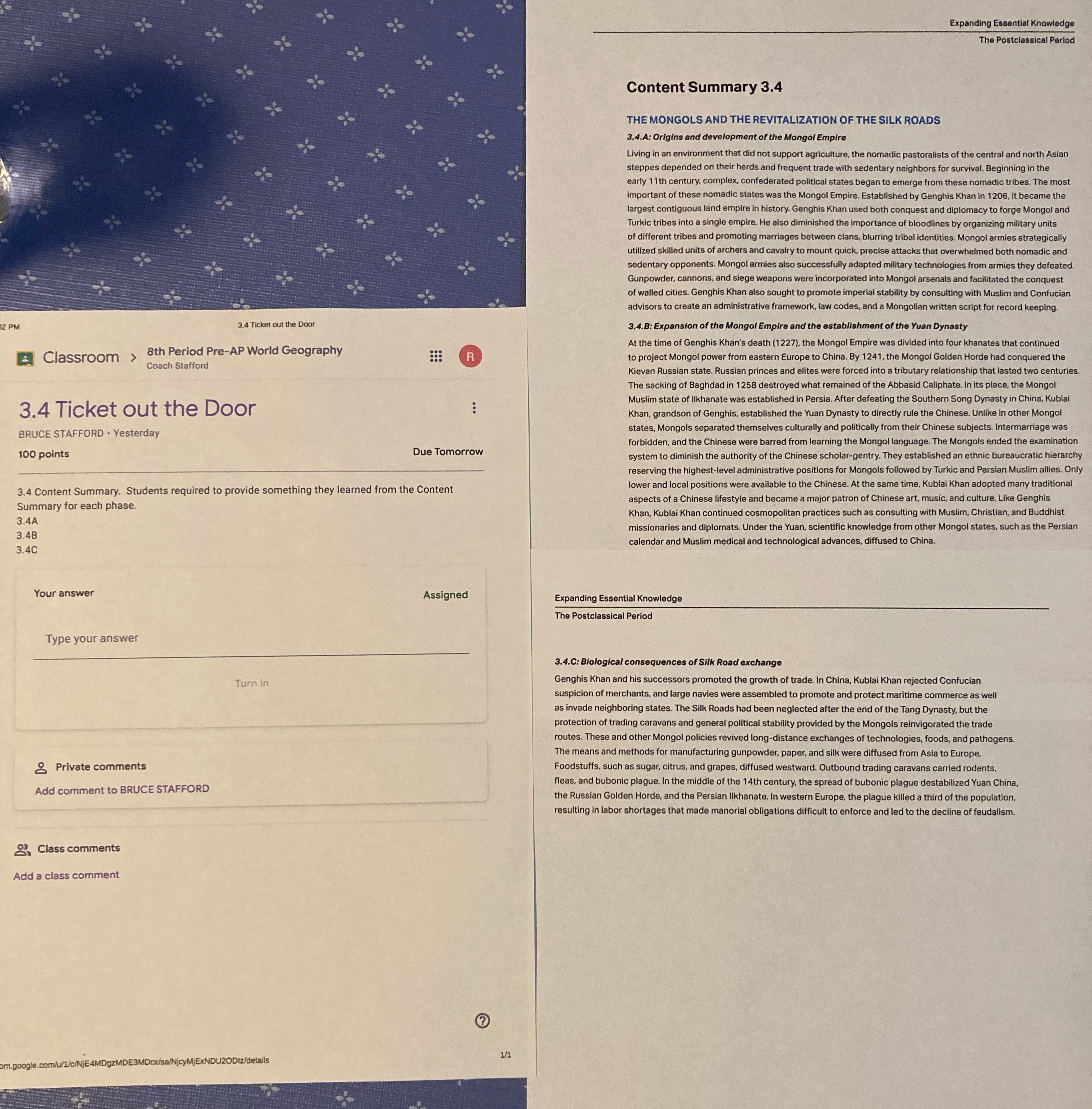 The right side is the assignment and questions to