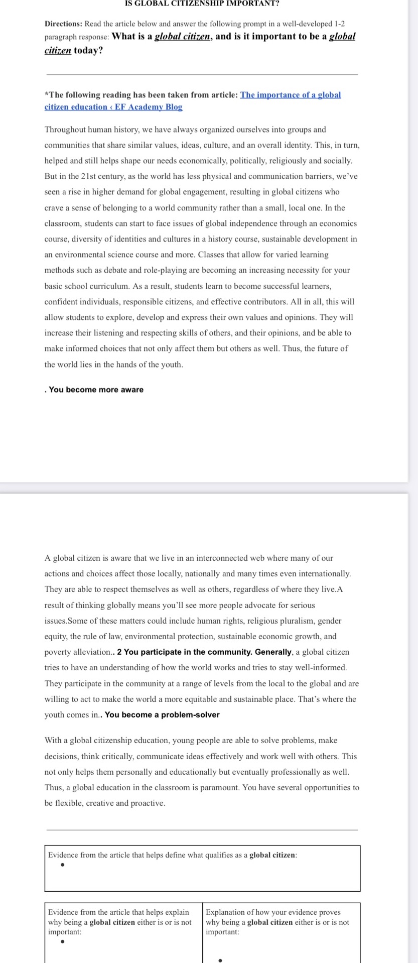 IS GLOBAL CITIZENSHIP IMPORTANT? Directions: Read