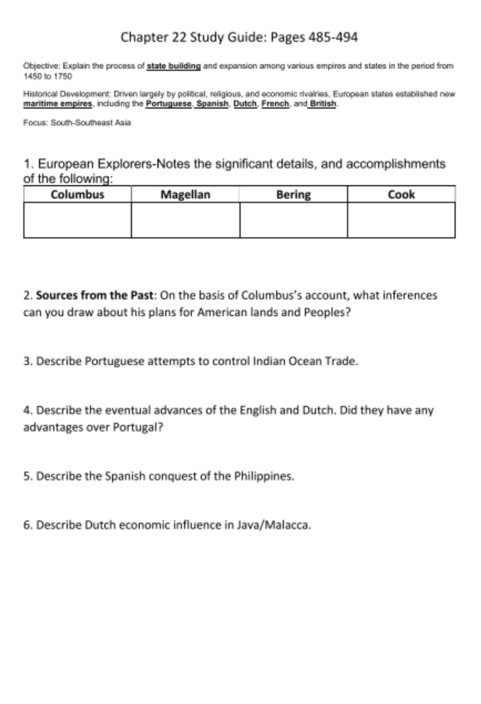 Chapter 22 Study Guide: Pages 485-494 Objective: