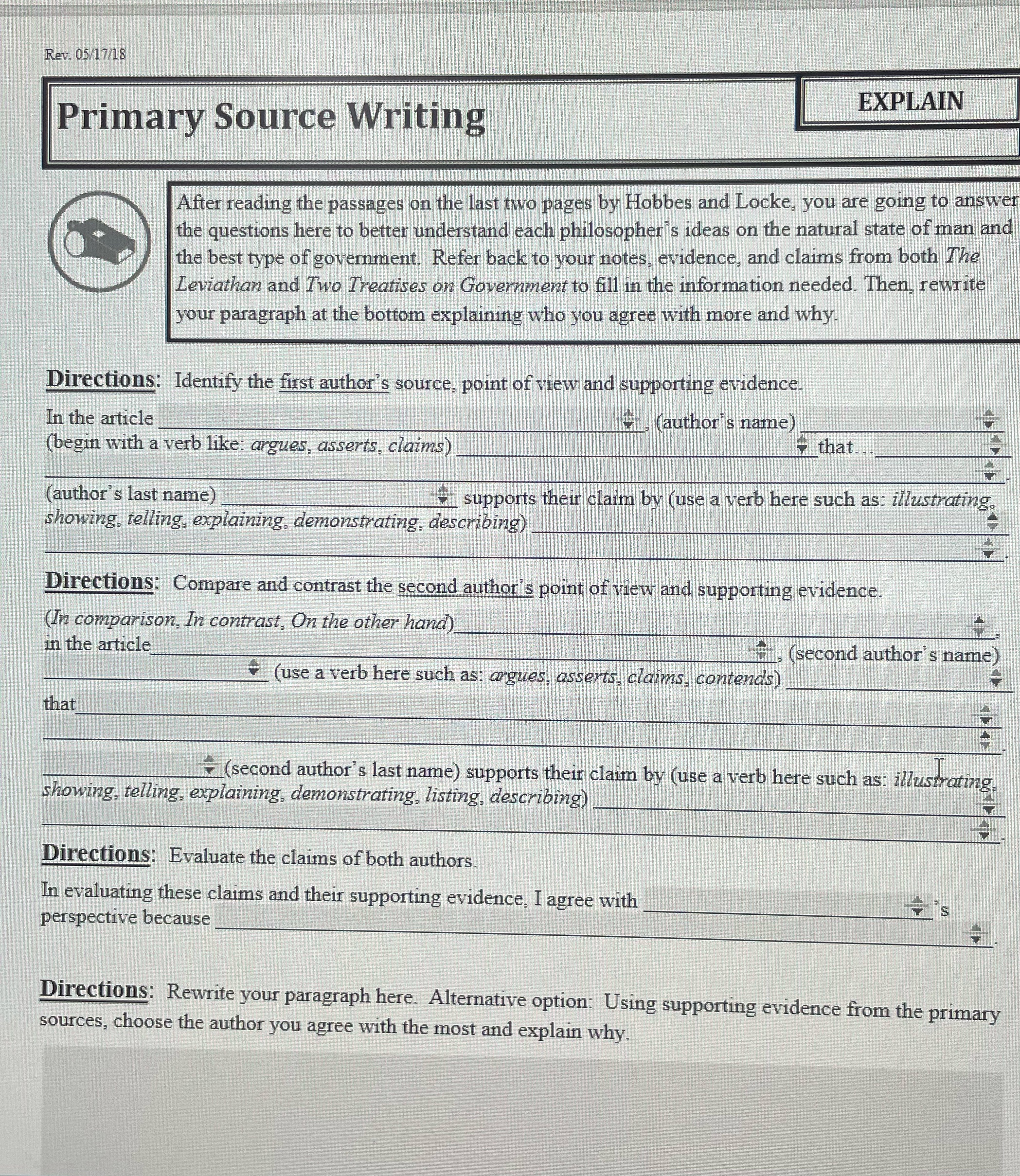 Rev. 05/17/18 EXPLAIN Primary Source Writing