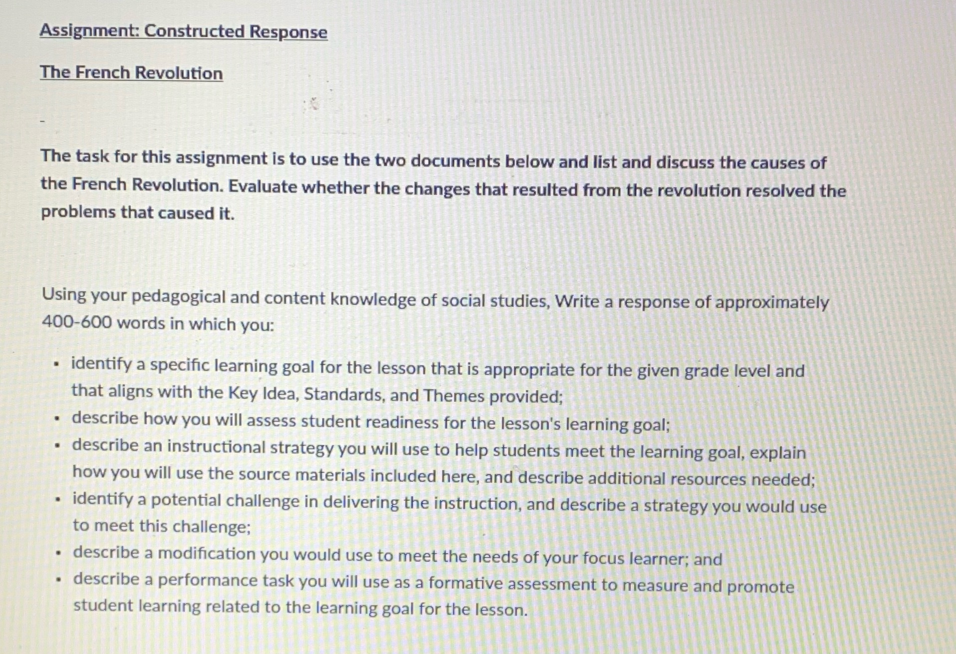 Assignment: Constructed Response The French