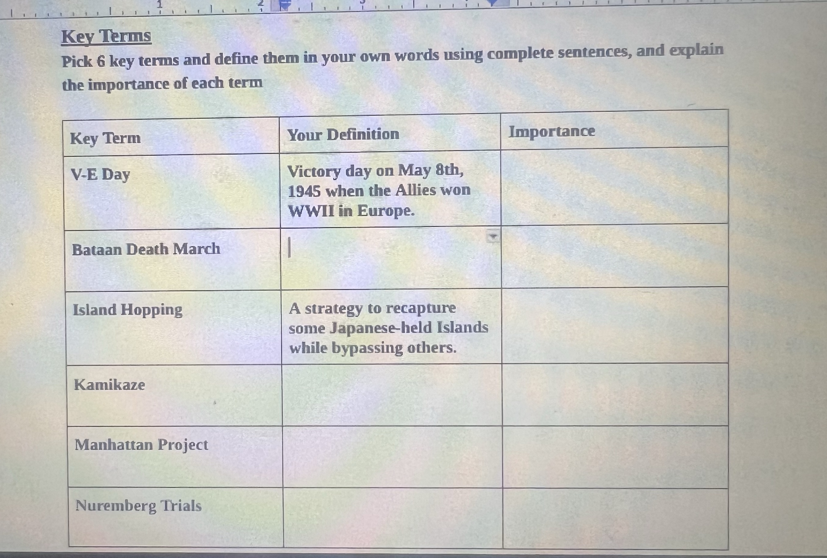 Key Terms Pick 6 key terms and define them in