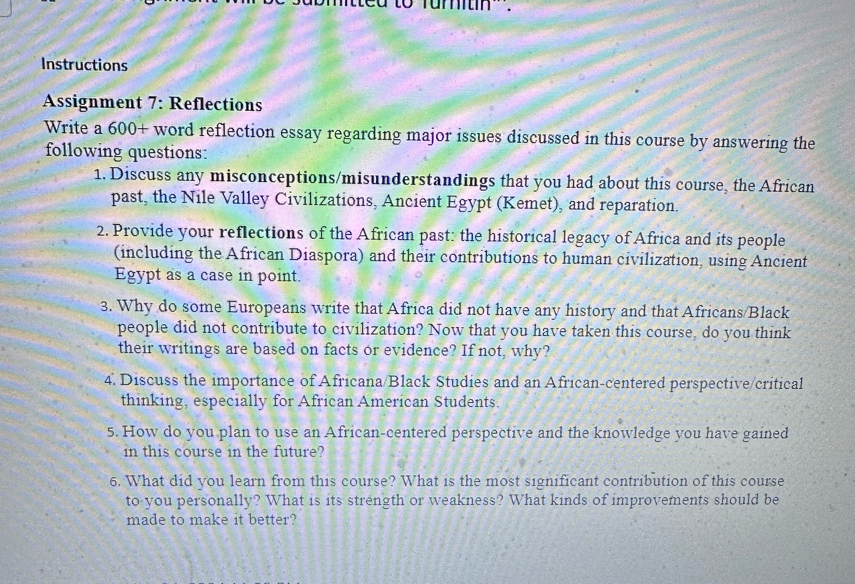 Instructions Assignment 7: Reflections Write a