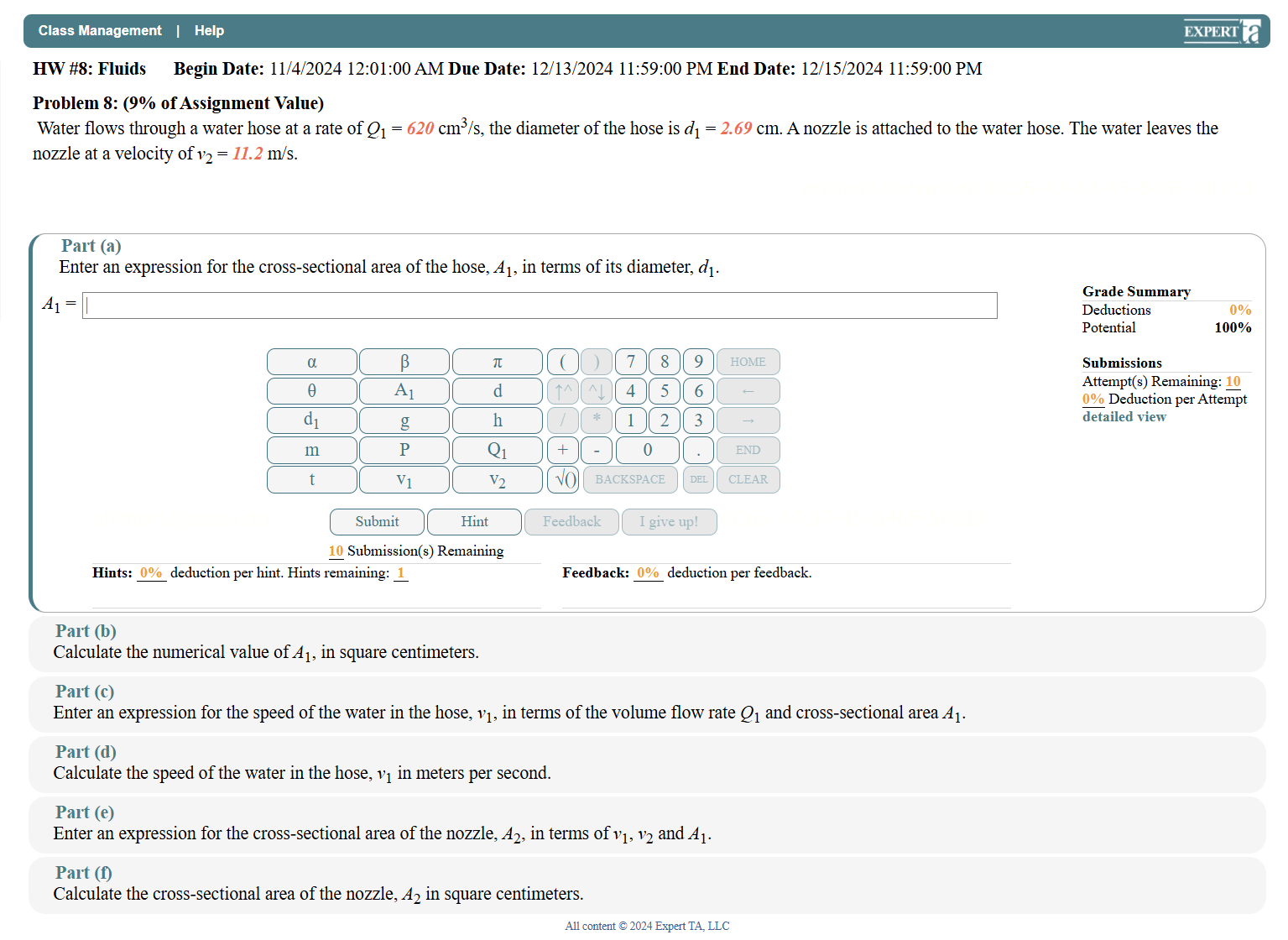 Class Management | Help HW #8: Fluids Begin Date:
