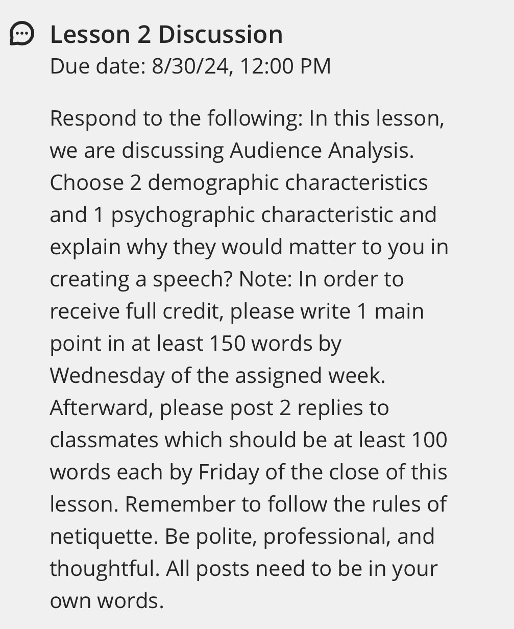() Lesson 2 Discussion Due date: 8/30/24, 12:00