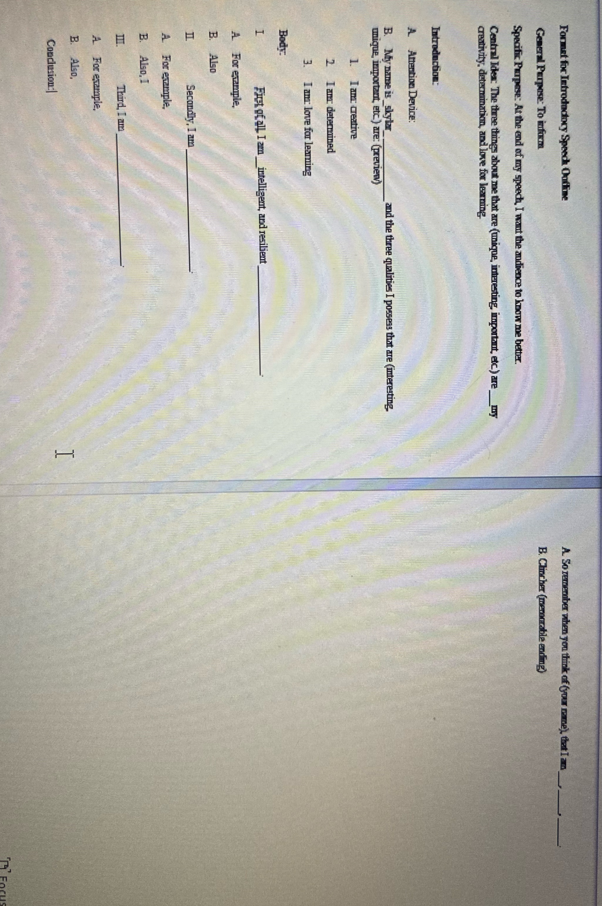 Formet for Introductory Speech Outline A. So