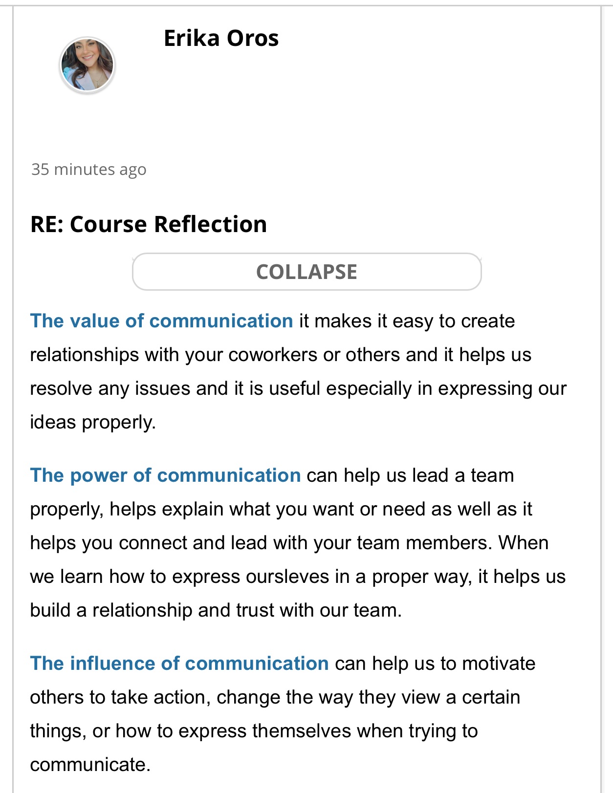 How would you reply to this classmates post @