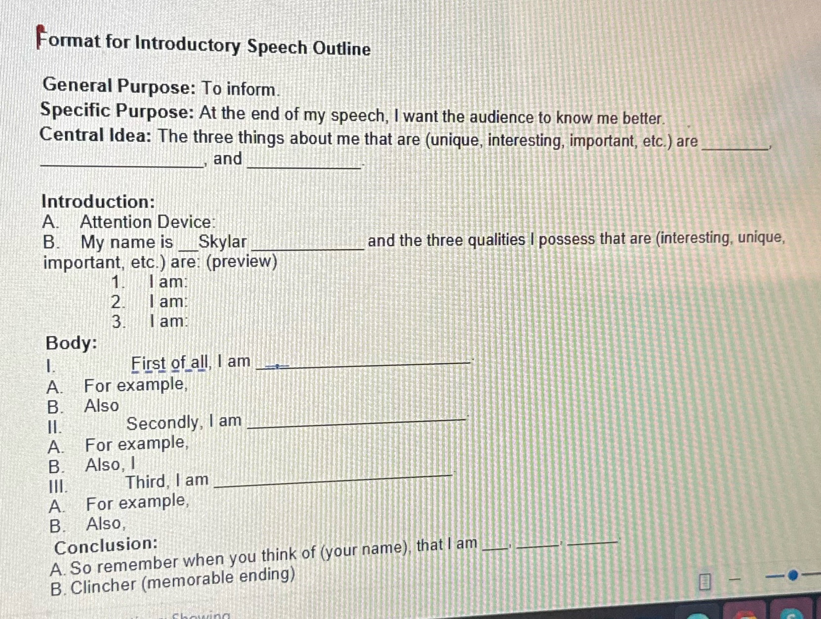 Format for Introductory Speech Outline General
