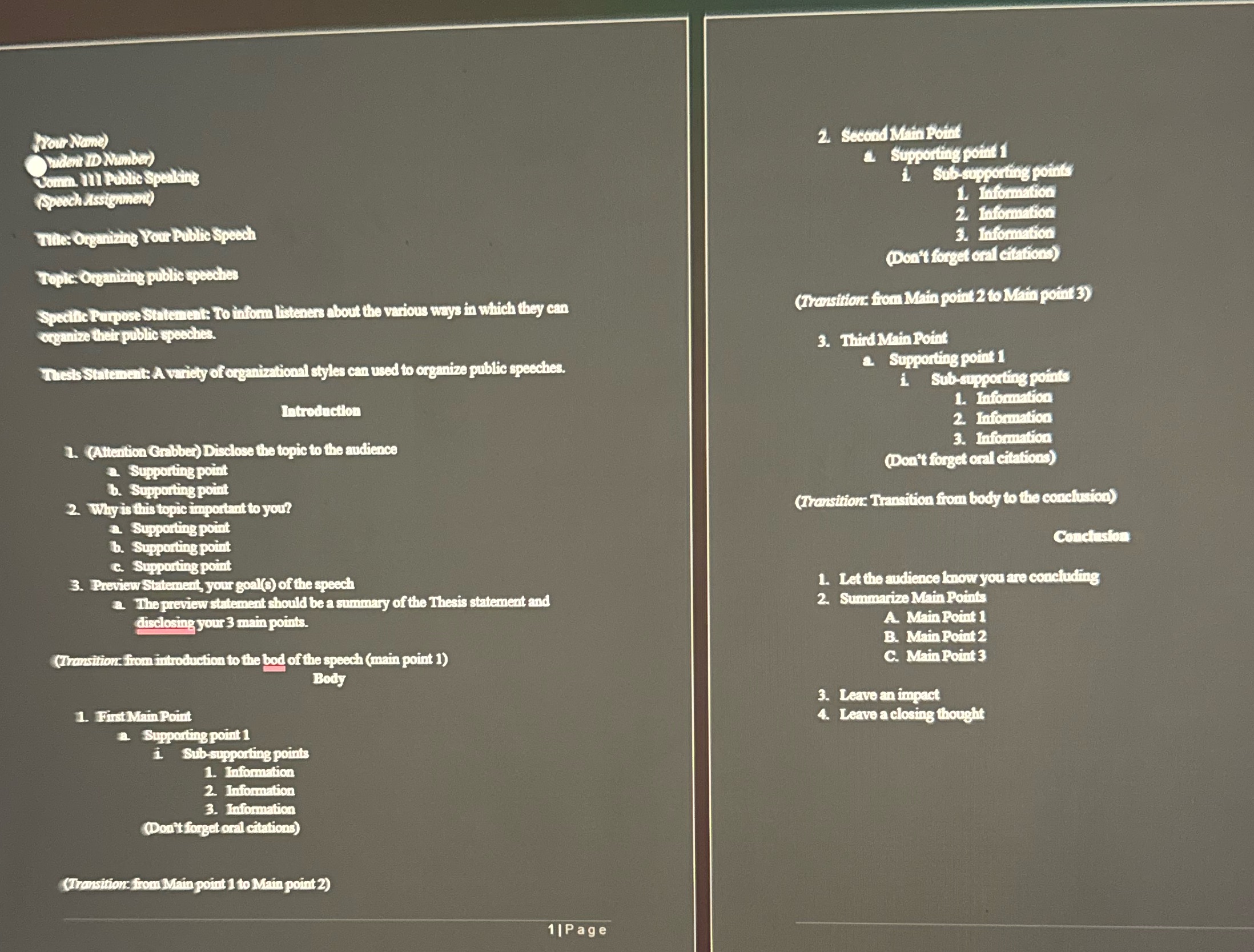 Use the outline below to write a speech about