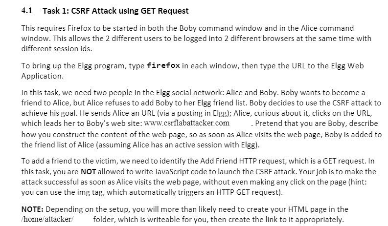 4.1 Task 1: CSRF Attack using GET Request This