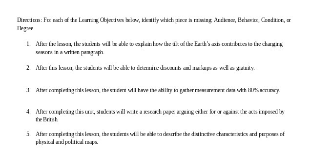 Directions: For each of the Learning Objectives