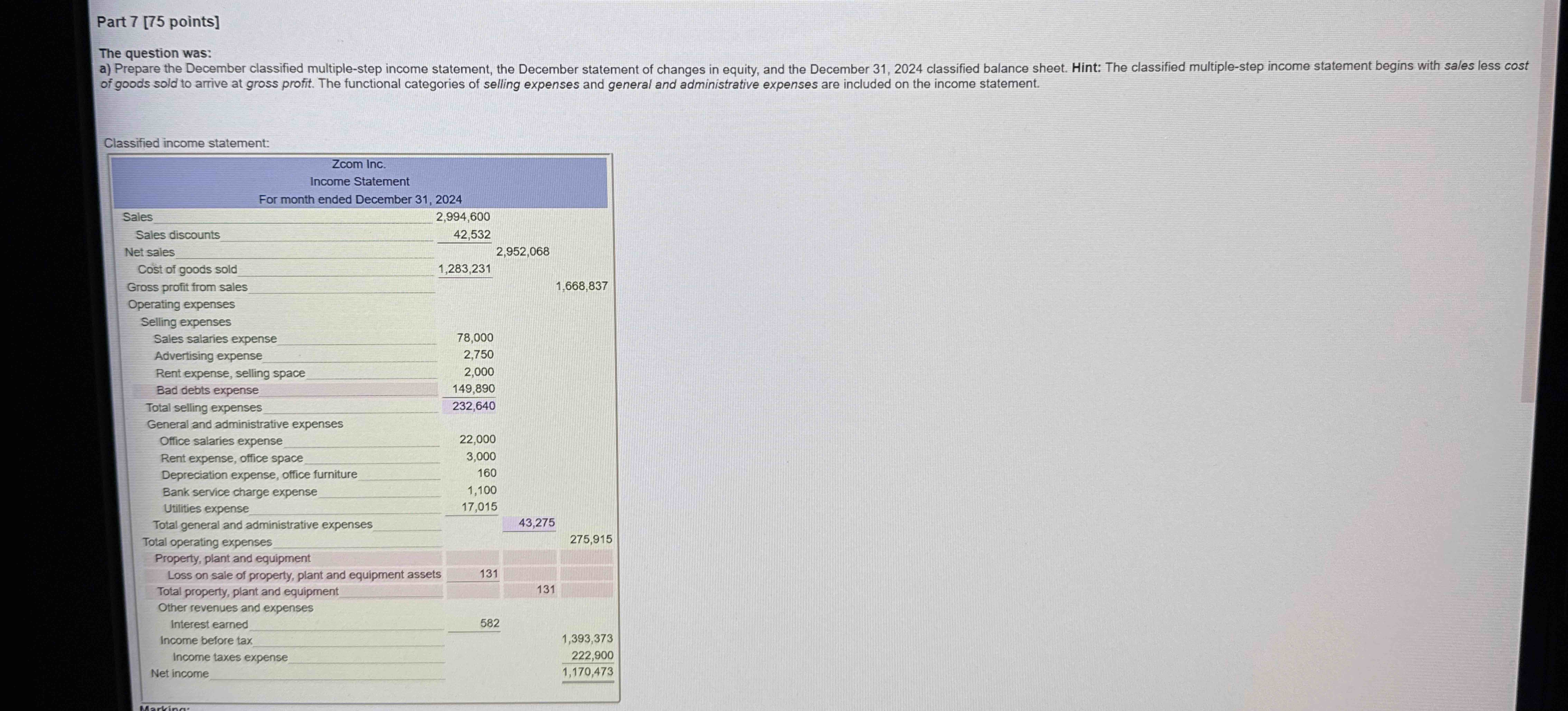 Please create an income statement, changes in