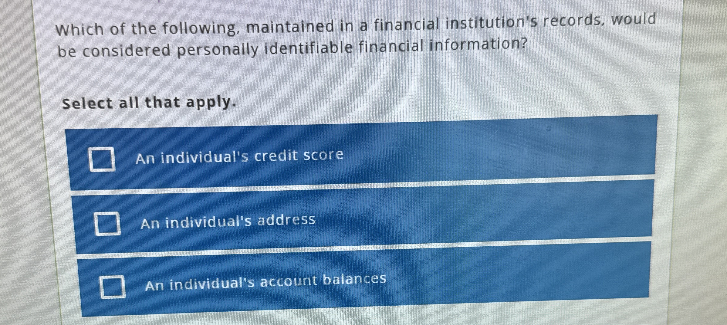 Which of the following, maintained in a financial