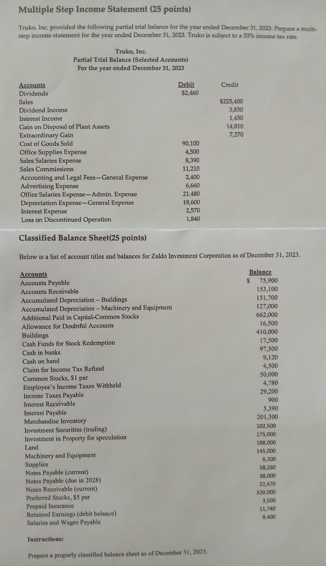 Multiple Step Income Statement ( 2 5 points )