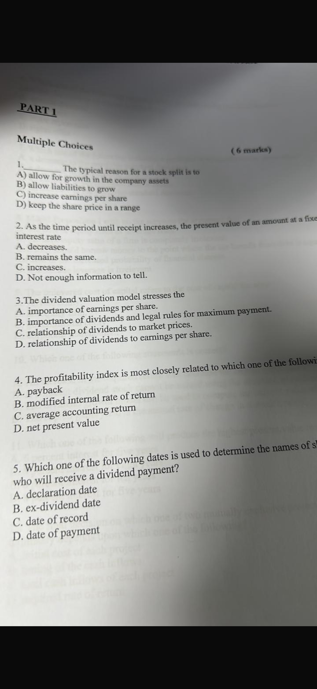 PART 1 Multiple Choices ( 6 marks ) 1 The typical