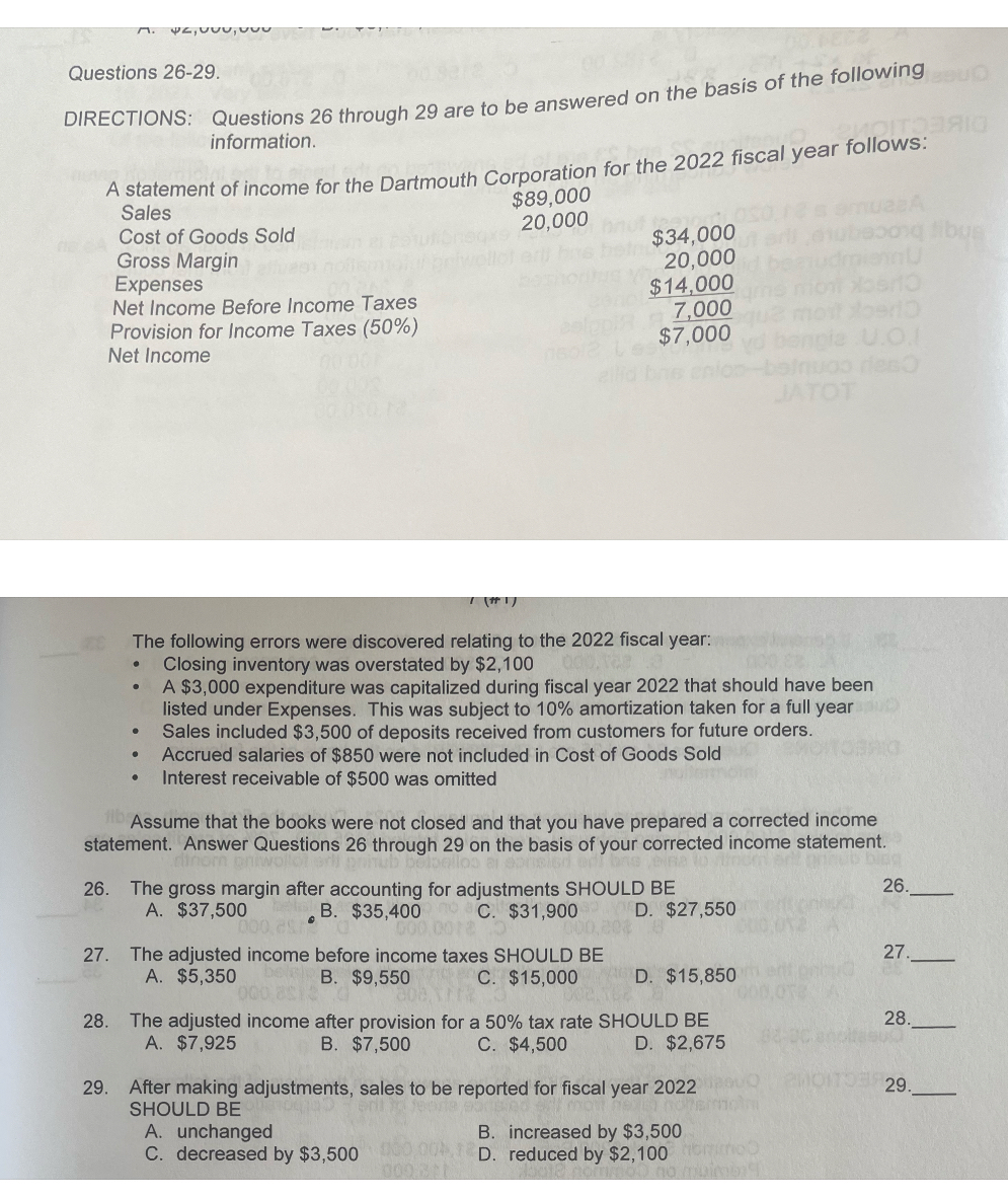 Questions 2 6 - 2 9 . DIRECTIONS: Questions 2 6