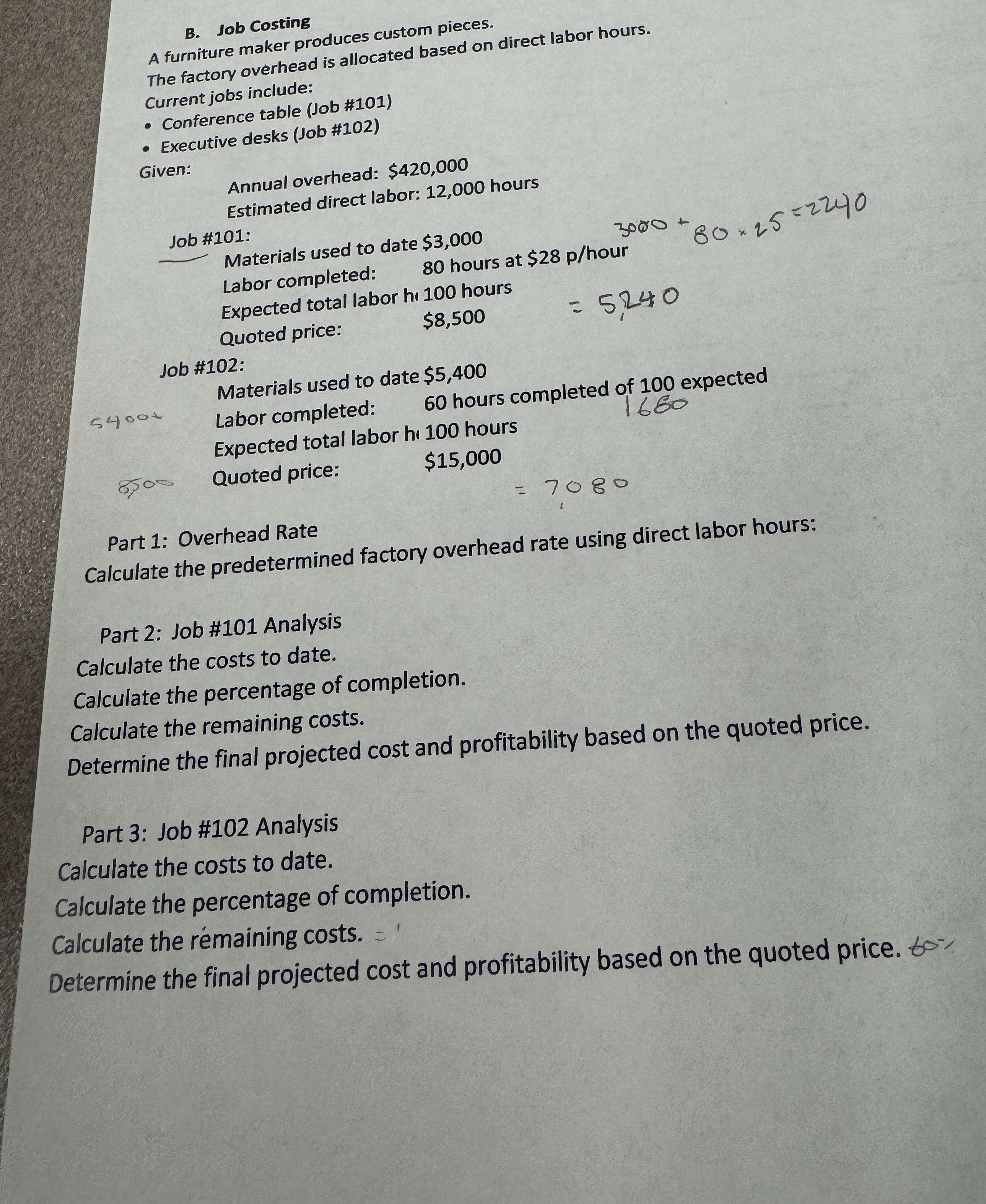 Job Costing A furniture maker produces cuctory
