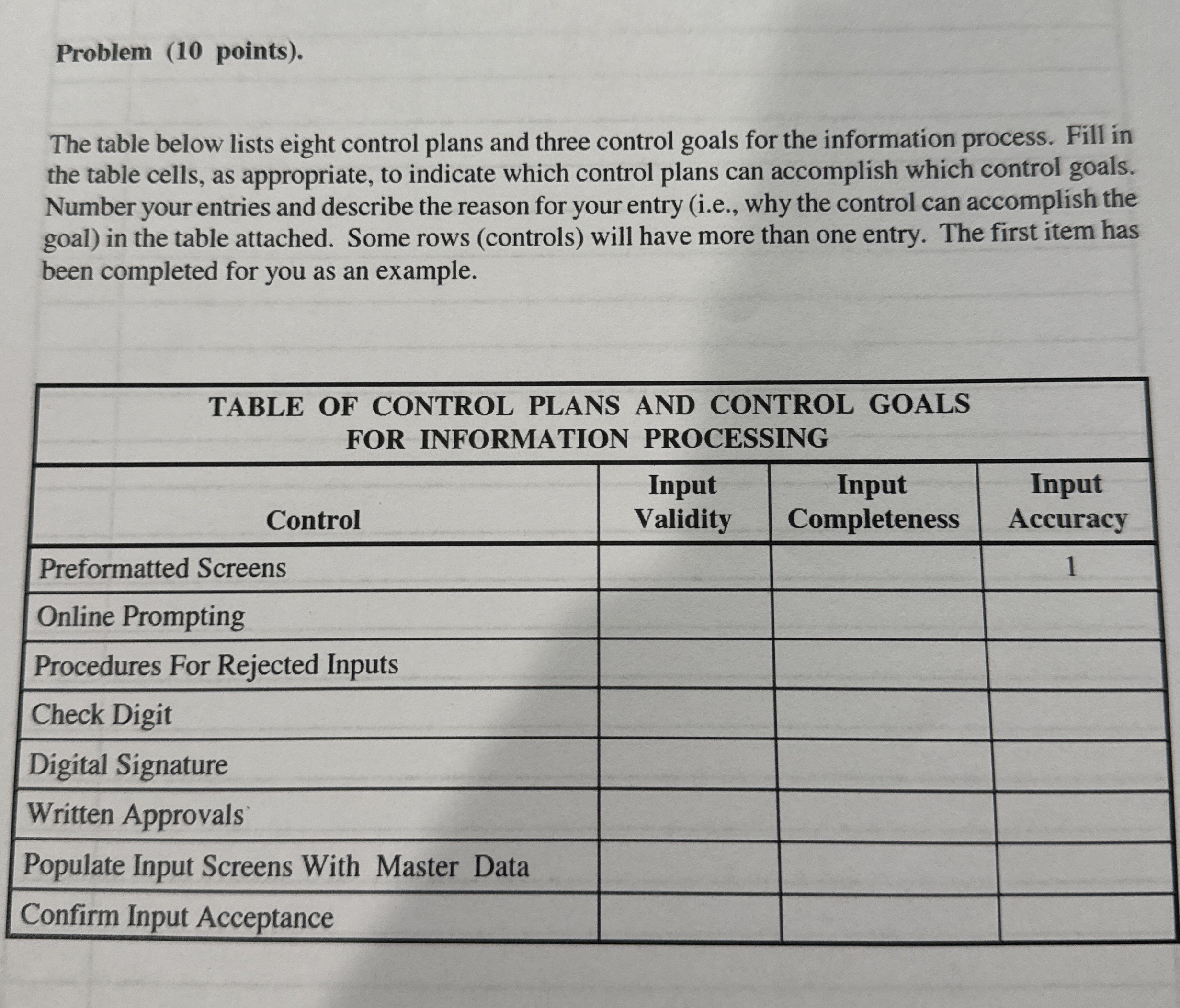 Problem ( 1 0 points ) . The table below lists