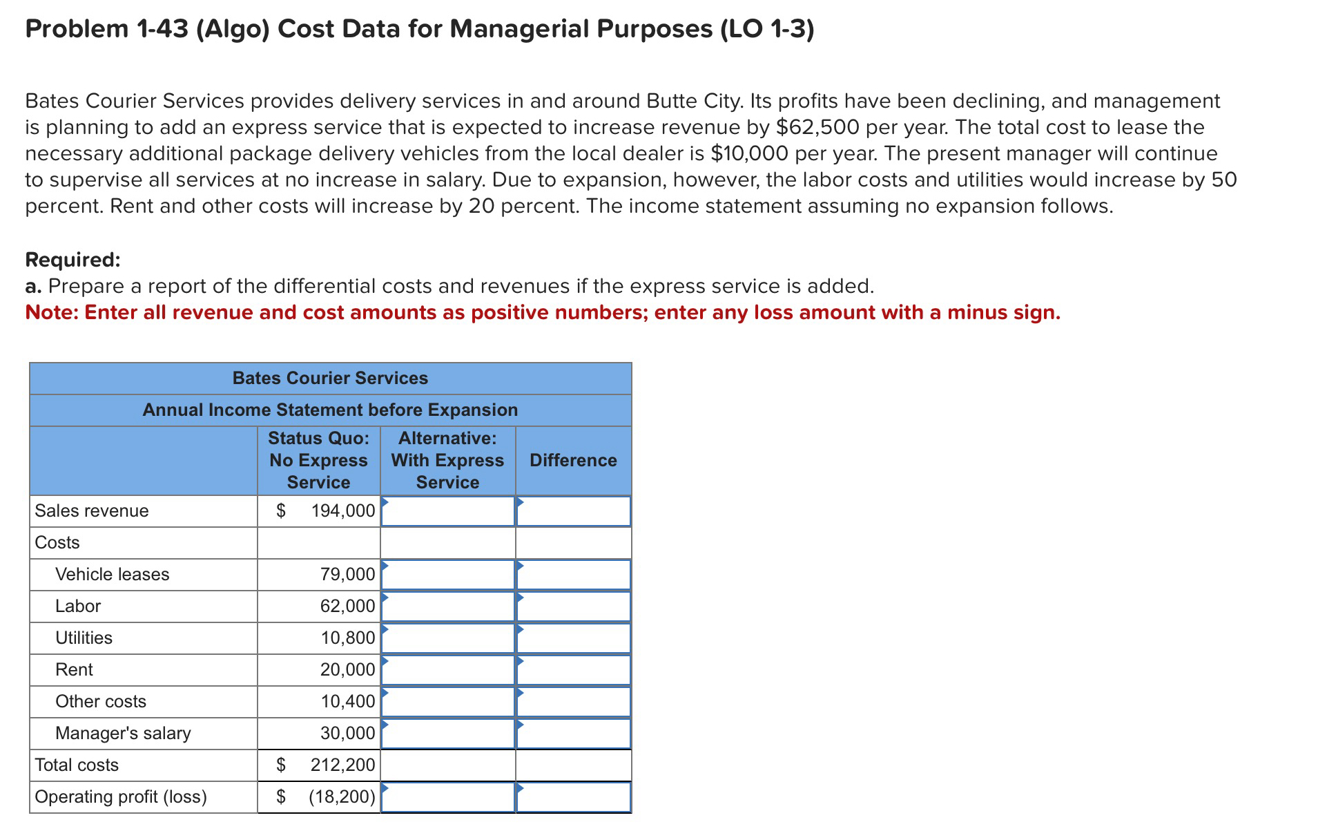 Problem 1 - 4 3 ( Algo ) Cost Data for Managerial