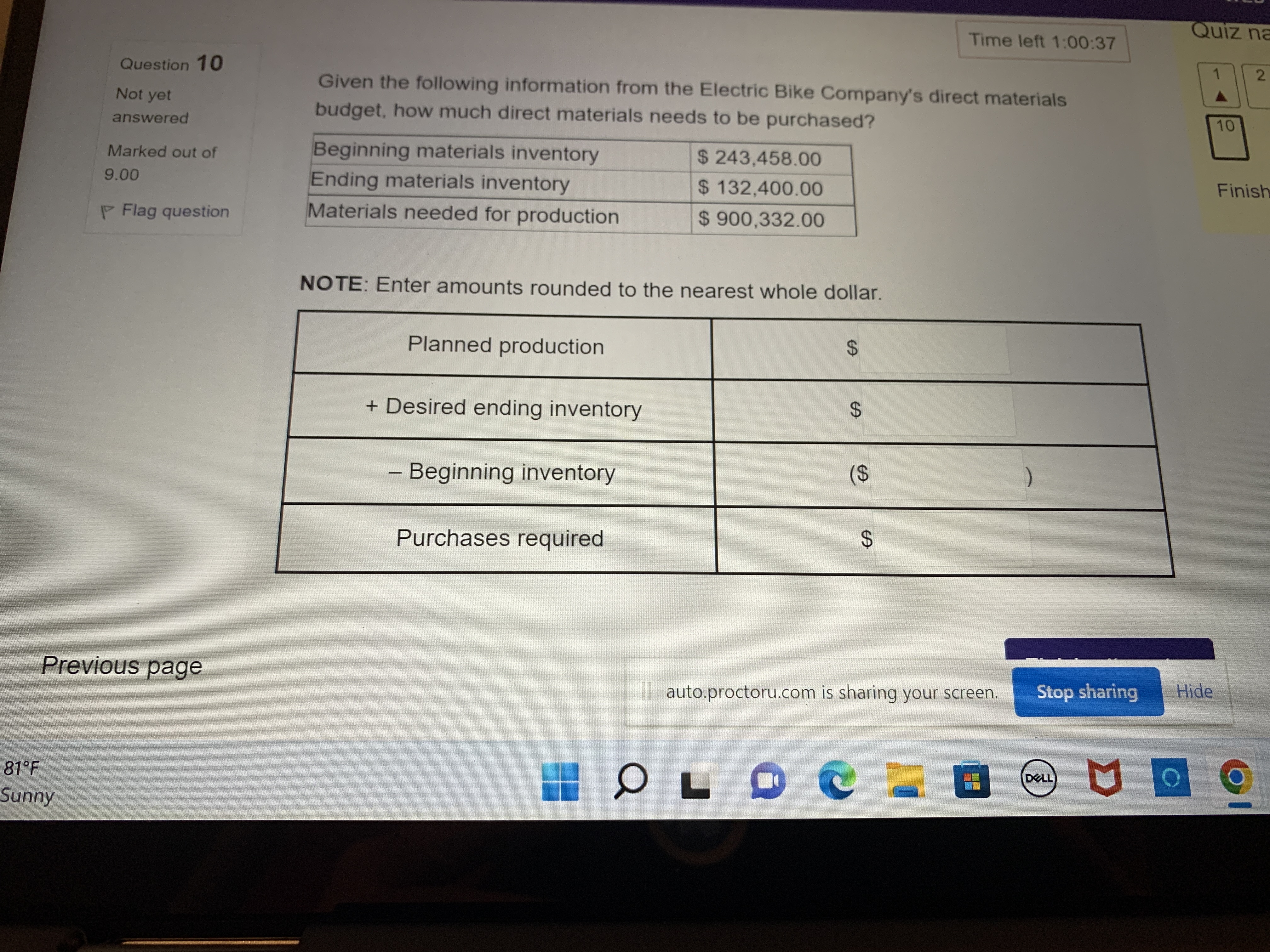 Time left 1:00:37 Quiz na Question 10 Not yet