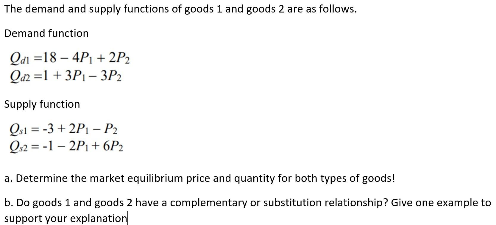 The demand and supply functions of goods 1 and