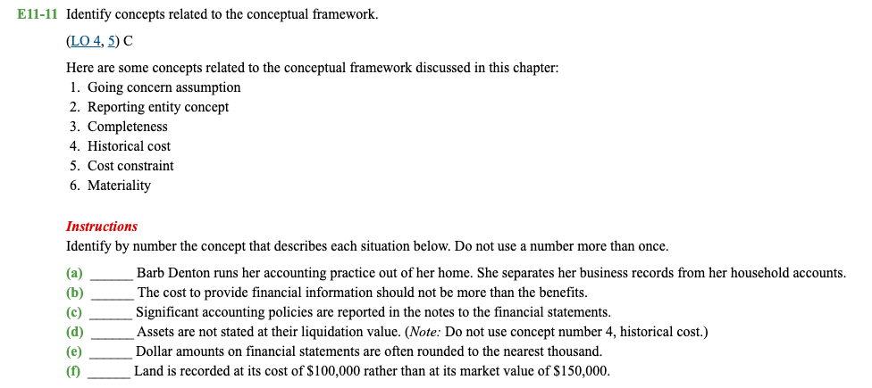 Please answer.... E11-11 Identify concepts