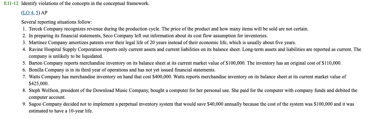 Please answer.... E11-11 Identify concepts