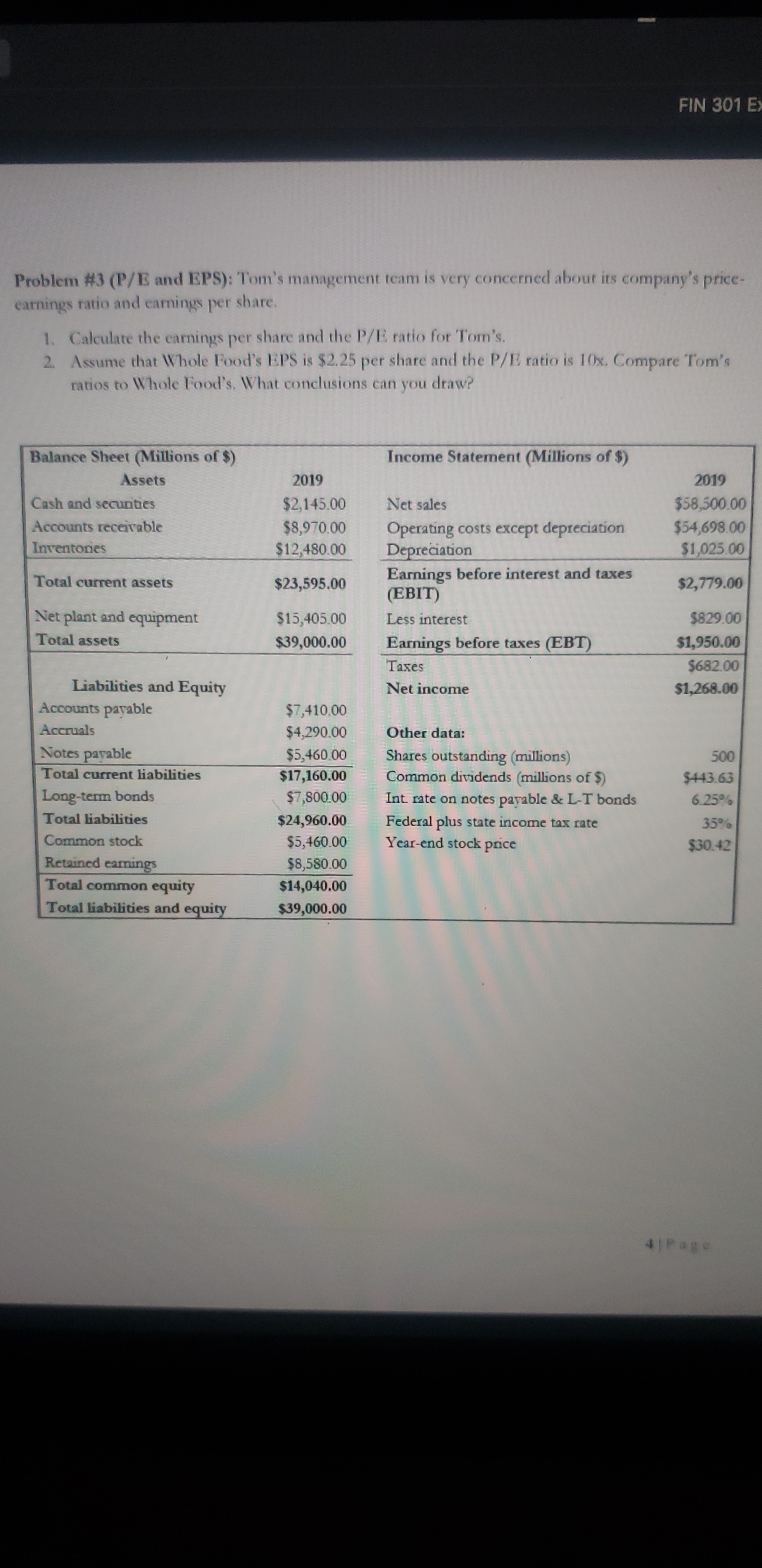 FIN 301 E Problem #3 (P/E and EPS): Tom's