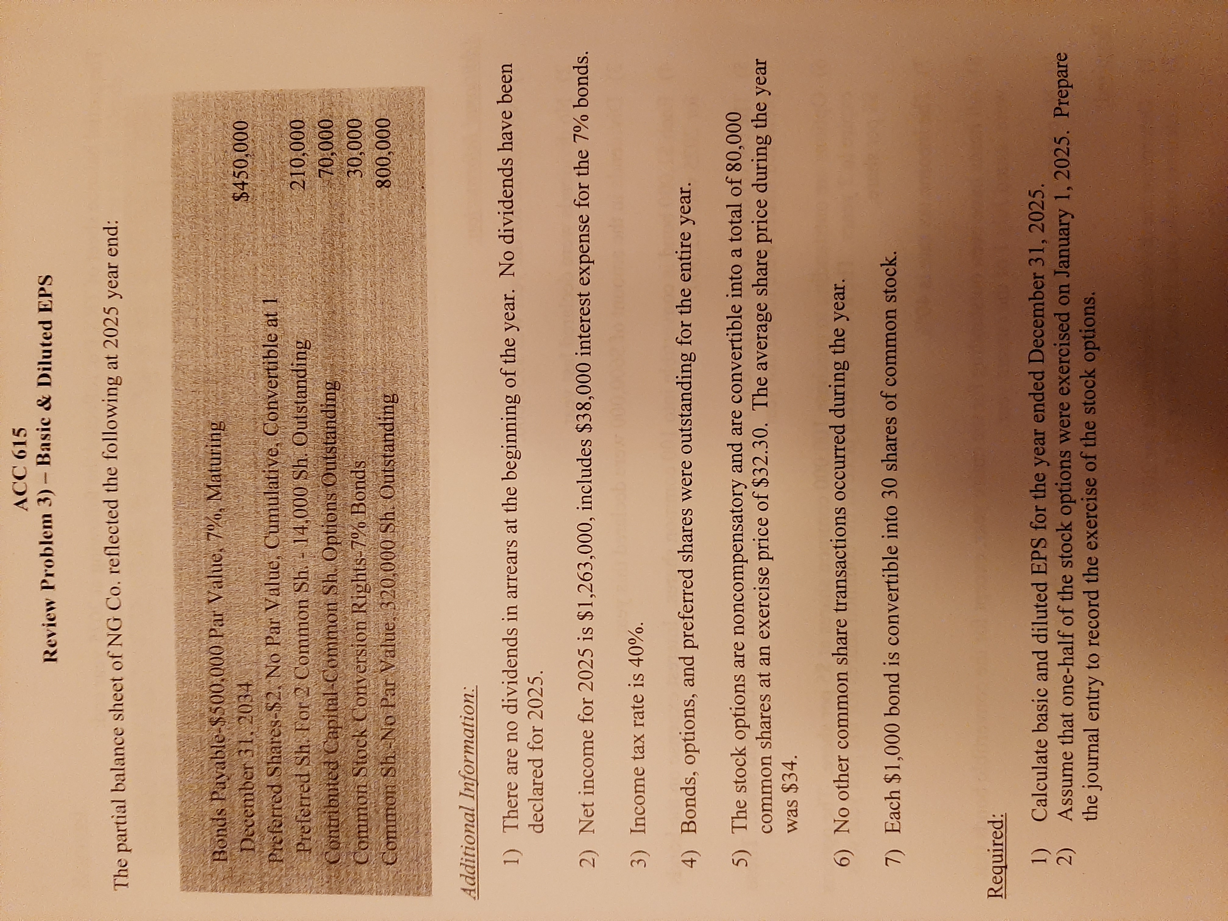 ACC 615 Review Problem 3) - Basic & Diluted EPS