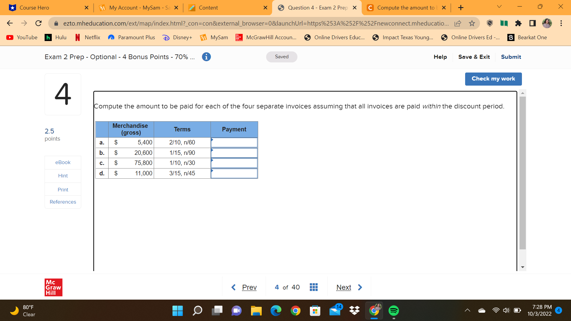 *Course Hero X H My Account - MySam - Sa X
