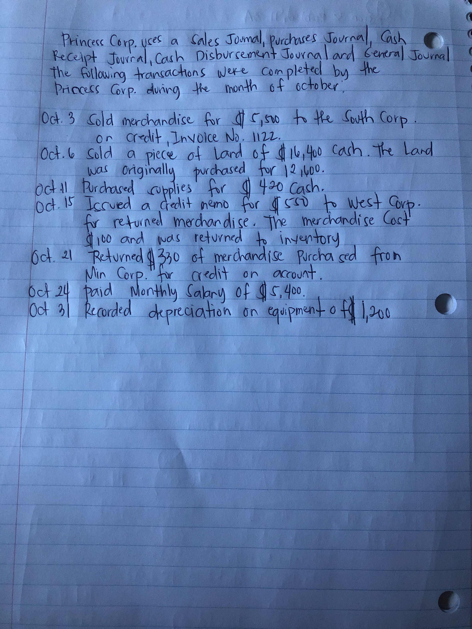 Princess Corp. uses a Sales Journal, Purchases