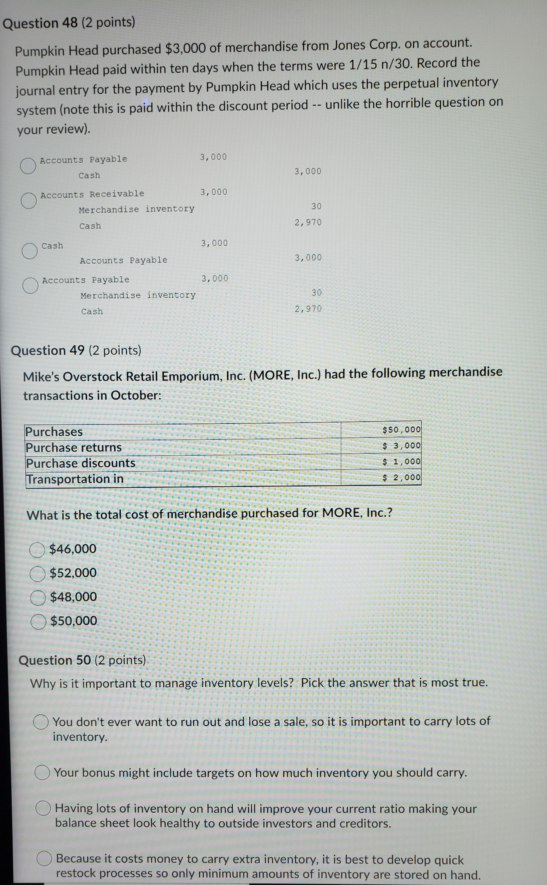 accounting review Question 48 (2 points) Pumpkin