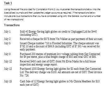 Task 1 Using the excel file provided for