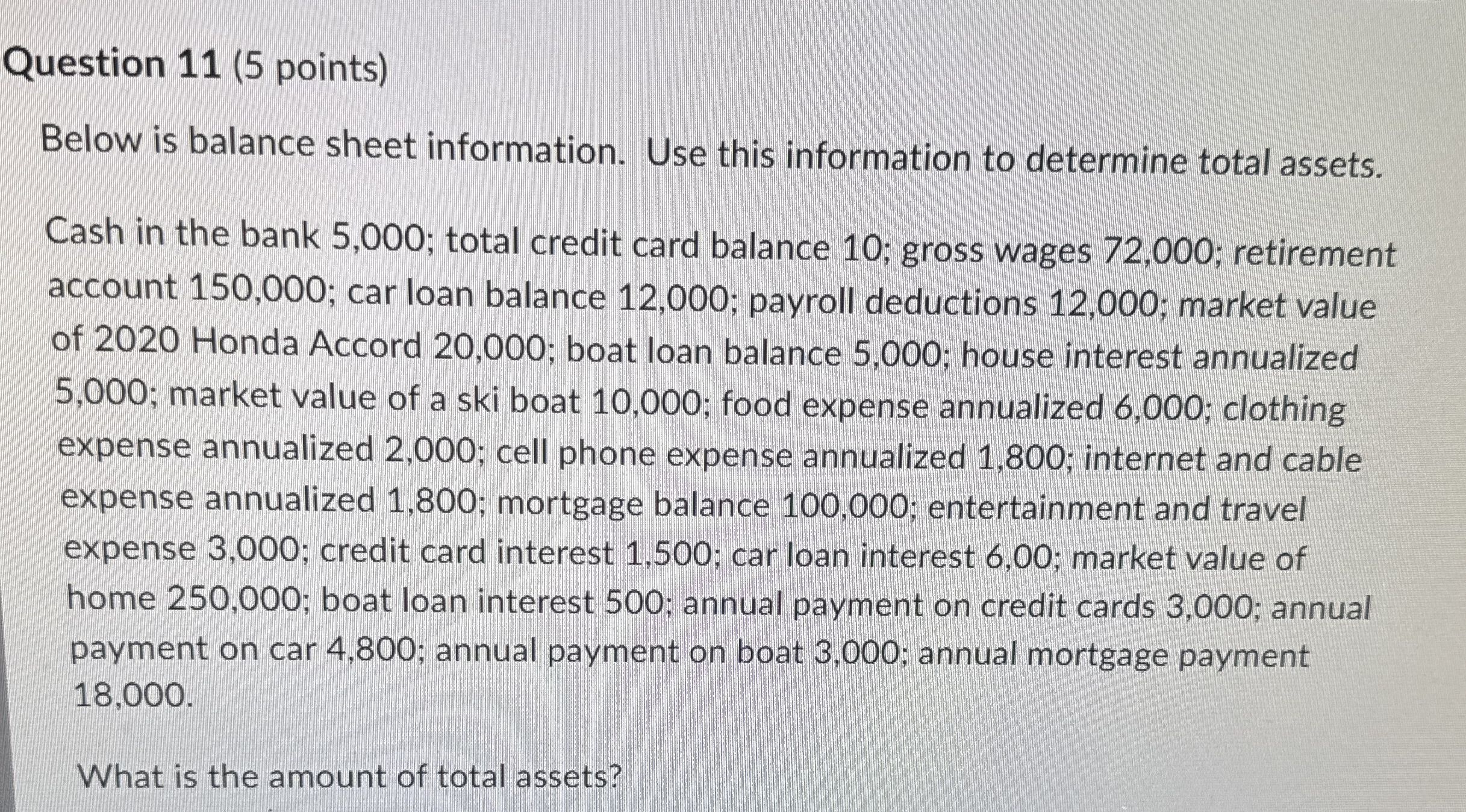 Question 1 1 ( 5 points ) Below is balance sheet