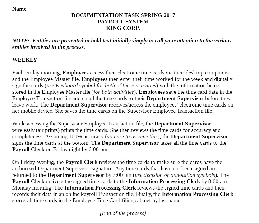 Name DOCUMENTATION TASK SPRING 2017 PAYROLL