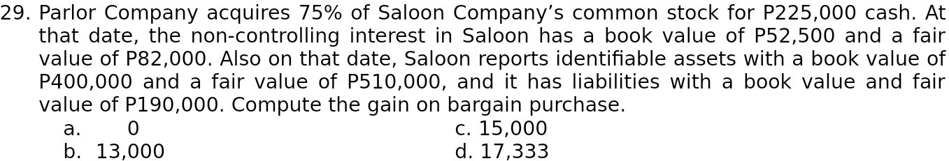 29. Parlor Company acquires 75% of Saloon