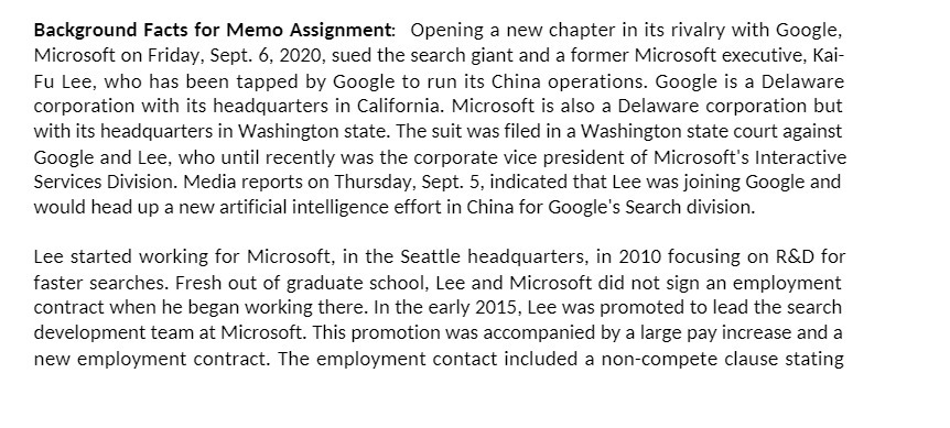 Background Facts for Memo Assignment: Opening a