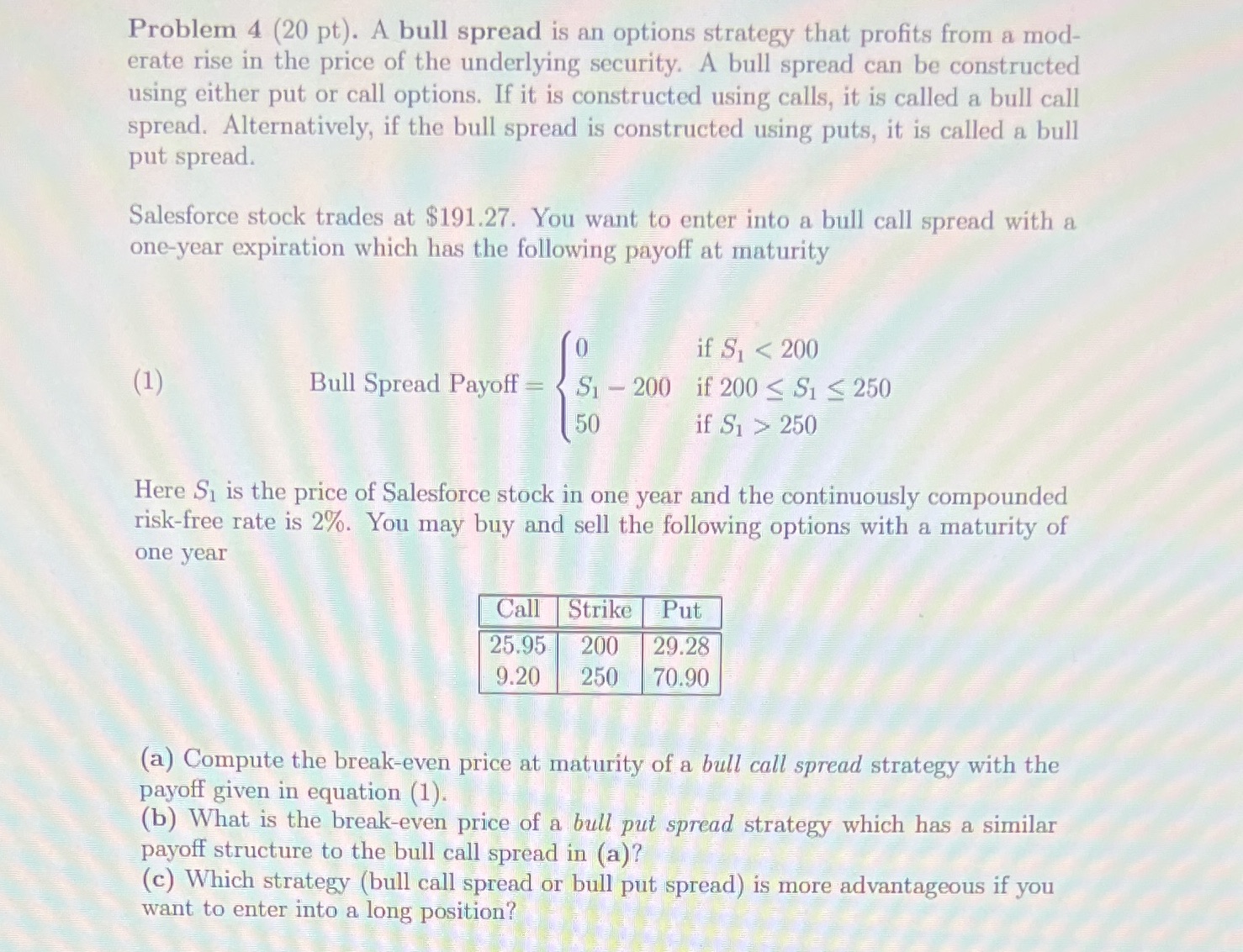 Problem 4 (20 pt). A bull spread is an options
