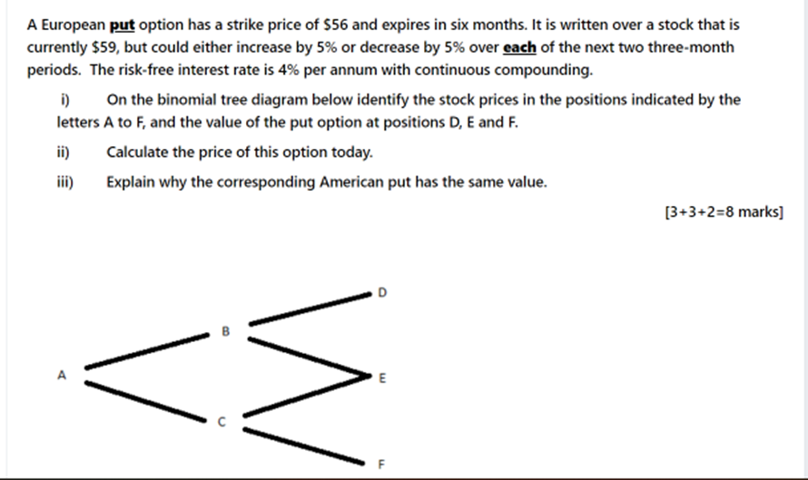 A European M option has a strike price of 556 and