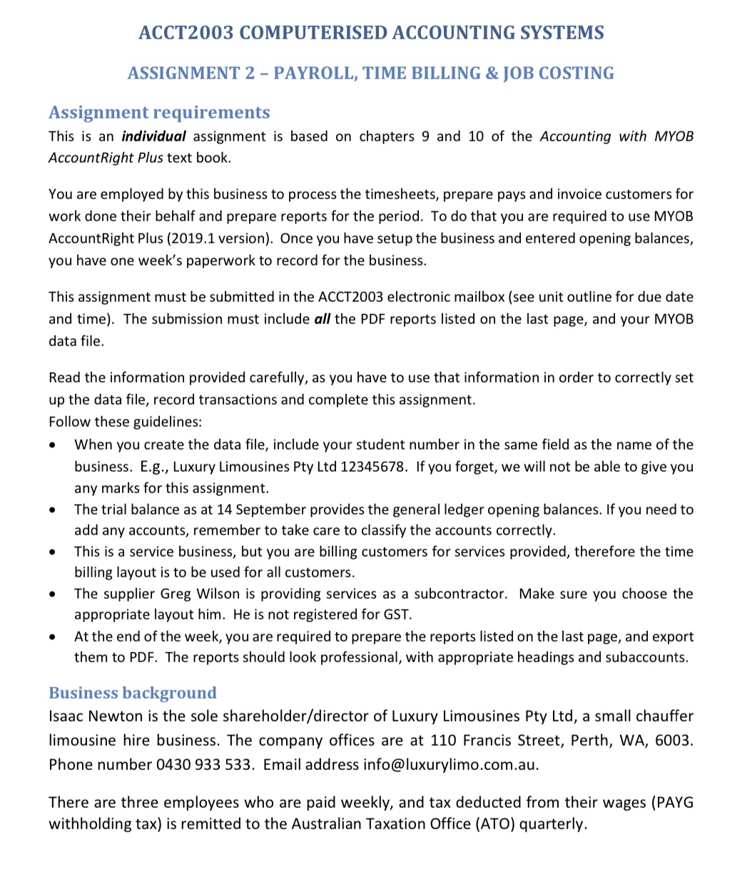 ACCT2003 COMPUTERISED ACCOUNTING SYSTEMS