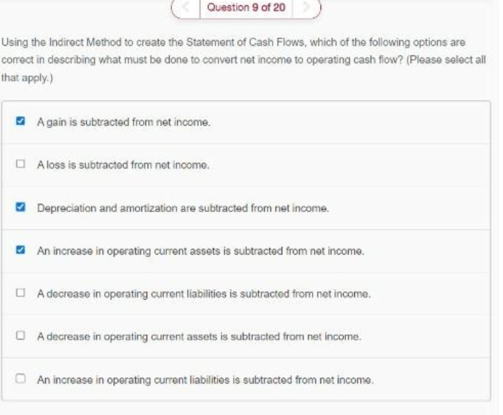 Question 9 of 20 Using the Indirect Method to